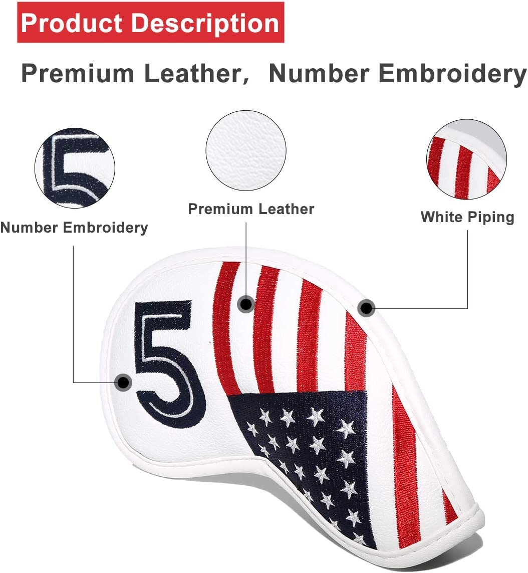 Golf Magnetic Iron Covers Iron Head Covers Set 10pcs/Set Iron Headcover Golf Iron Club Cover USA American Flag - Weather Resistant