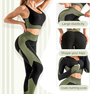 Women's 3pcs Seamless Workout Outfits Sets, Yoga Sportswear Tracksuit Leggings and Stretch Sports Bra Fitness