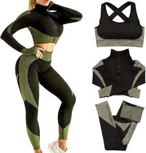 Women's 3pcs Seamless Workout Outfits Sets, Yoga Sportswear Tracksuit Leggings and Stretch Sports Bra Fitness