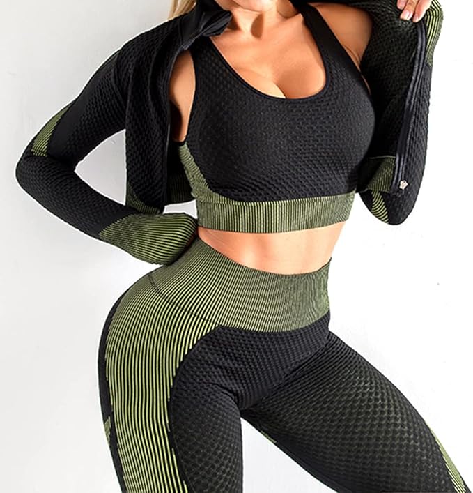 Women's 3pcs Seamless Workout Outfits Sets, Yoga Sportswear Tracksuit Leggings and Stretch Sports Bra Fitness