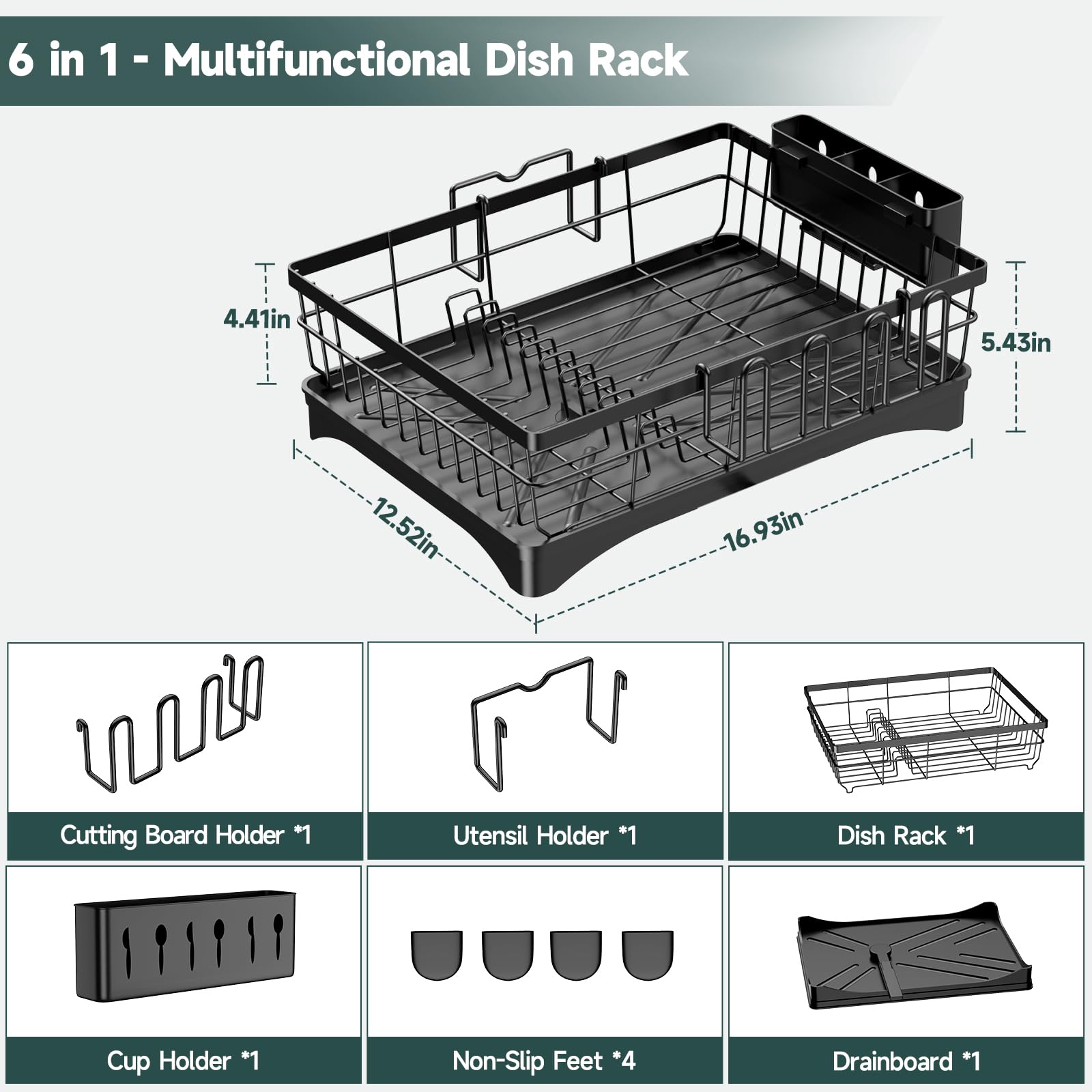 Dish Drying Rack, Stainless Steel Dish Rack, Large 1 Tier Drying Rack, Kitchen Counter Dish Rack Durable, Dish Drainer with Drainboard Over Sink for Cups, Knives, Spoons, and Forks (L16.9