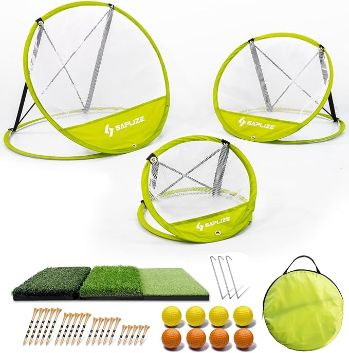 SAPLIZE Golf Chipping Net, Exclusive X-Shaped Stable Pop-up Design, Comes with Mat, Balls and Tees, Indoor/Outdoor Golfing Target Accessories for Backyard Accuracy and Swing Practice