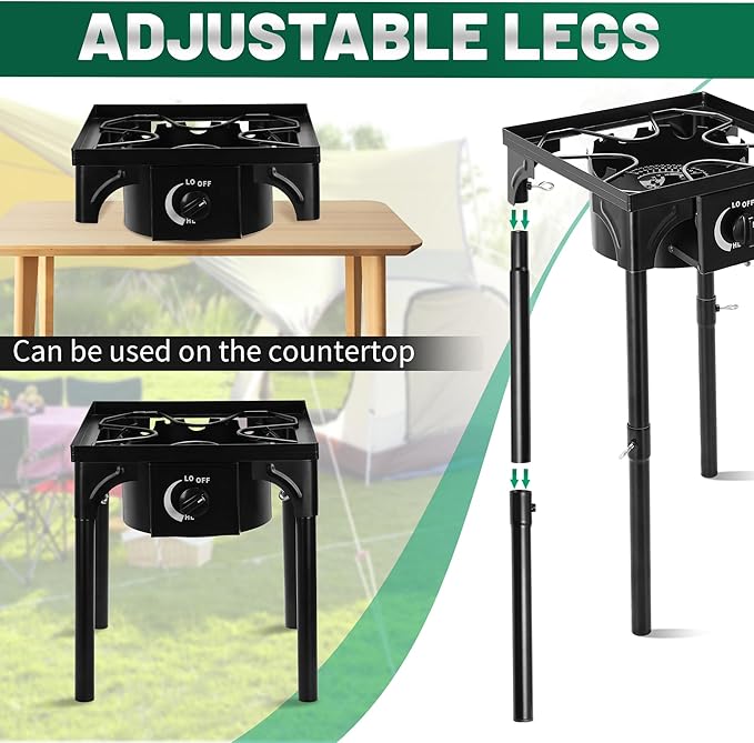 Outdoor Camping Stove, 130000 BTU, Propane Gas Cooker with Detachable Legs, High Pressure Single Burner, 30 PSI Regulator