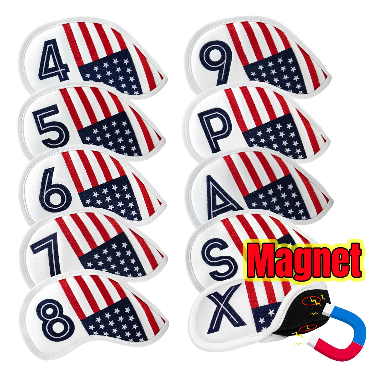 Golf Magnetic Iron Covers Iron Head Covers Set 10pcs/Set Iron Headcover Golf Iron Club Cover USA American Flag - Weather Resistant