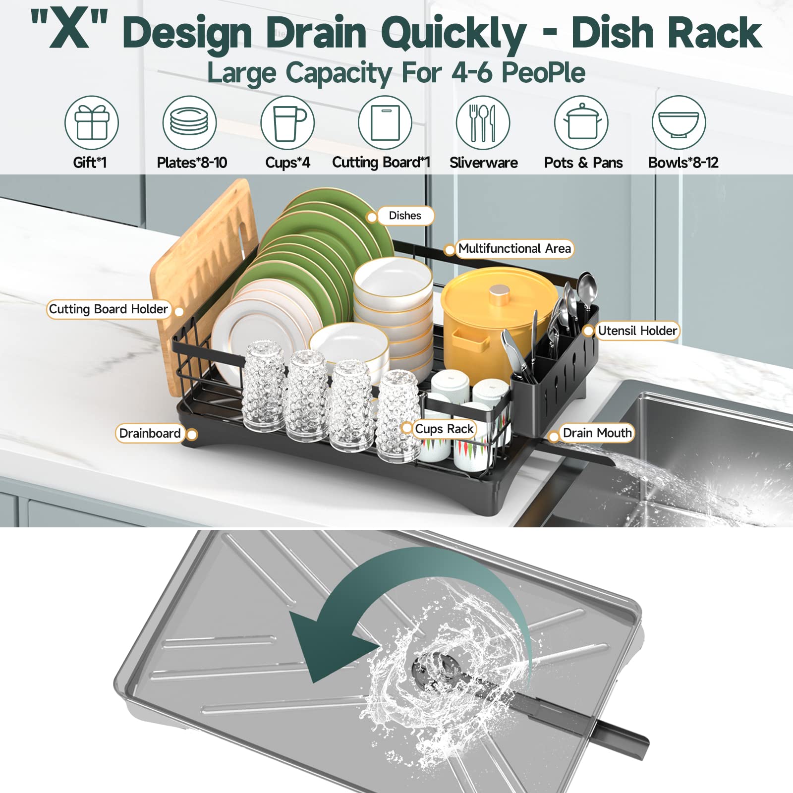 Dish Drying Rack, Stainless Steel Dish Rack, Large 1 Tier Drying Rack, Kitchen Counter Dish Rack Durable, Dish Drainer with Drainboard Over Sink for Cups, Knives, Spoons, and Forks (L16.9