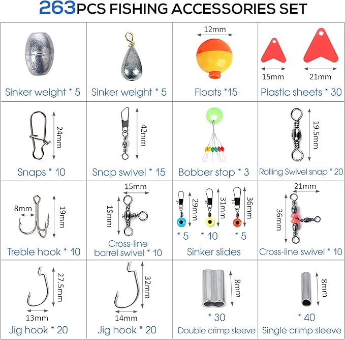 263pcs Fishing Tackle Accessories Kit with Fishing Tackle Box Including Fishing Jig Hooks,Fishing Weights Sinkers,Fishing floats,Fishing bobber stop,264pcs Fishing Accessories Set