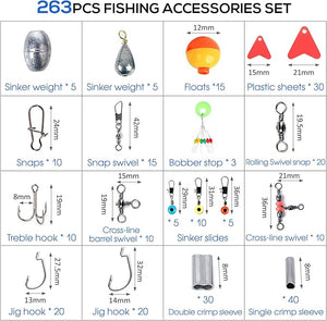 263pcs Fishing Tackle Accessories Kit with Fishing Tackle Box Including Fishing Jig Hooks,Fishing Weights Sinkers,Fishing floats,Fishing bobber stop,264pcs Fishing Accessories Set