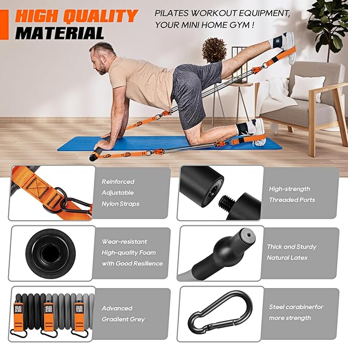 Pilates Bar Kit with Resistance Bands, Heavy Duty Pilates Equipment for Men, Strength Training Bar for Legs, Hip, Waist Back, Arm, Abs, Chest, Shoulders, Portable Home Gym Full Body Workout Equipment