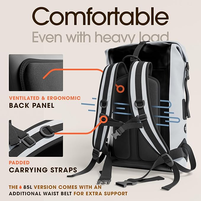 Earth Pak Waterproof Backpack - Heavy Duty Hiking Backpack - Roll-Top Closure - Waterproof Bag - Cushioned Dry Bags Waterproof w/ IPX8 Waterproof Phone Case - Wet Bag for Hiking, Kayak (Grey, 35L)