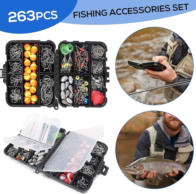 263pcs Fishing Tackle Accessories Kit with Fishing Tackle Box Including Fishing Jig Hooks,Fishing Weights Sinkers,Fishing floats,Fishing bobber stop,264pcs Fishing Accessories Set