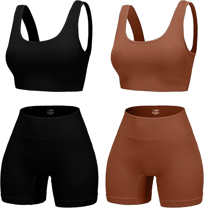 4 Piece Workout Sets for Women Seamless Ribbed High Waist Yoga shorts with Sports Bra Outfits