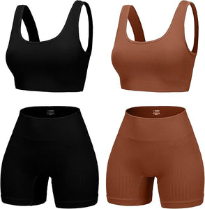 4 Piece Workout Sets for Women Seamless Ribbed High Waist Yoga shorts with Sports Bra Outfits