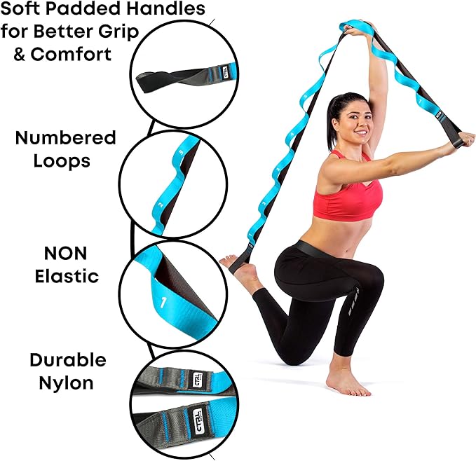 Stretching Strap with Loops - Non Elastic Stretch Band for Physical Therapy, Yoga Strap for Stretching Equipment, Stretch Bands for Exercise and Flexibility - Fascia, Hamstring & Leg Stretcher Belt