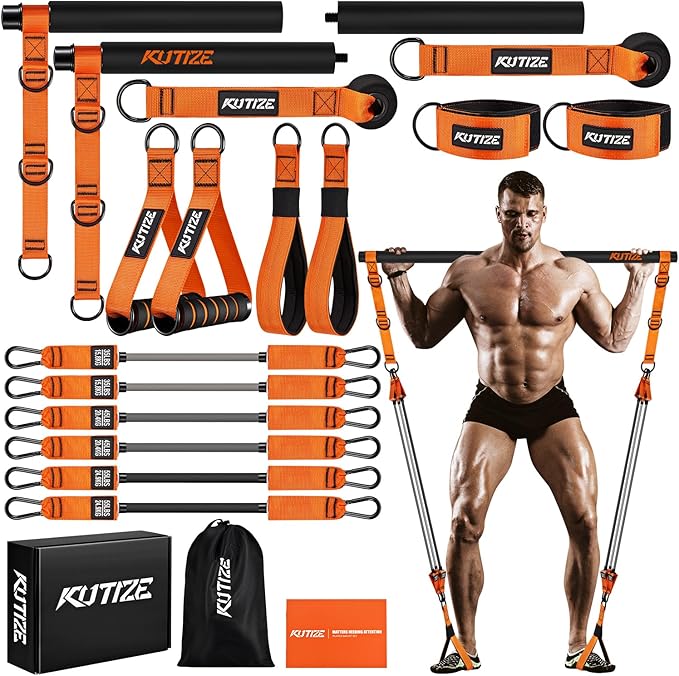 Pilates Bar Kit with Resistance Bands, Heavy Duty Pilates Equipment for Men, Strength Training Bar for Legs, Hip, Waist Back, Arm, Abs, Chest, Shoulders, Portable Home Gym Full Body Workout Equipment