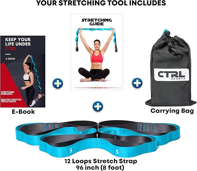 Stretching Strap with Loops - Non Elastic Stretch Band for Physical Therapy, Yoga Strap for Stretching Equipment, Stretch Bands for Exercise and Flexibility - Fascia, Hamstring & Leg Stretcher Belt